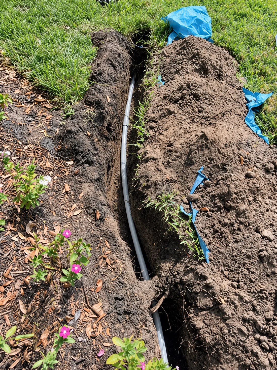 PVC conduit laid in a narrow trench beside a lawn