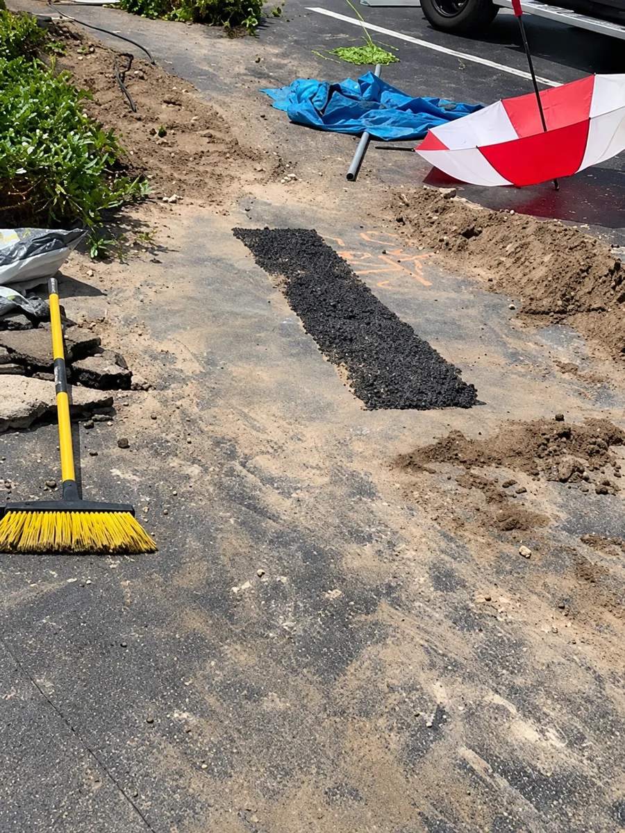 A narrow asphalt patch across existing pavement