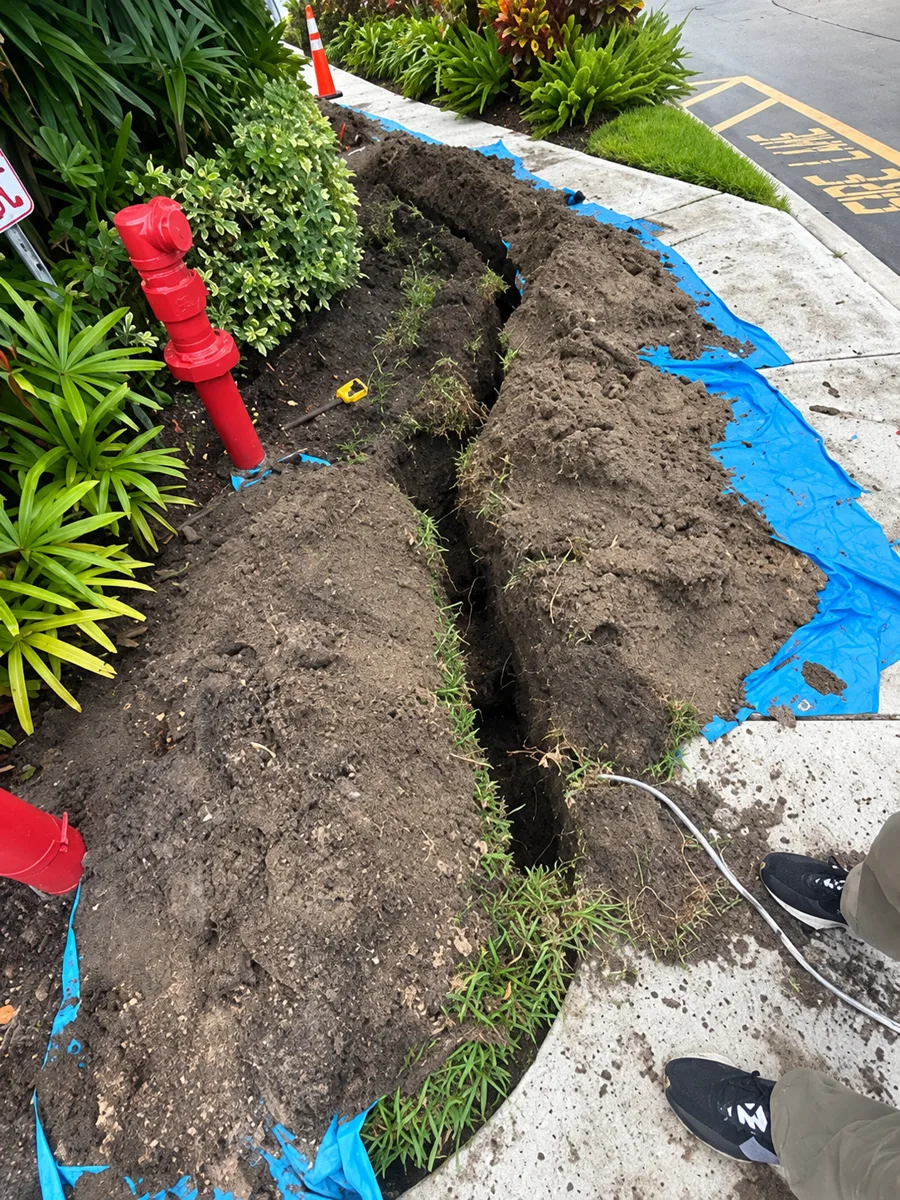 An open trench beside landscaping, with spoil kept on a tarp